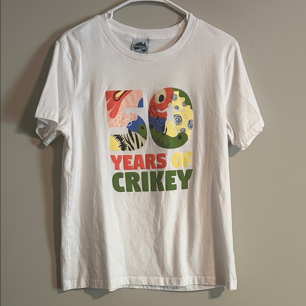 Australia Zoo “50 Years of Crikey” White T-Shirt with Colorful Print